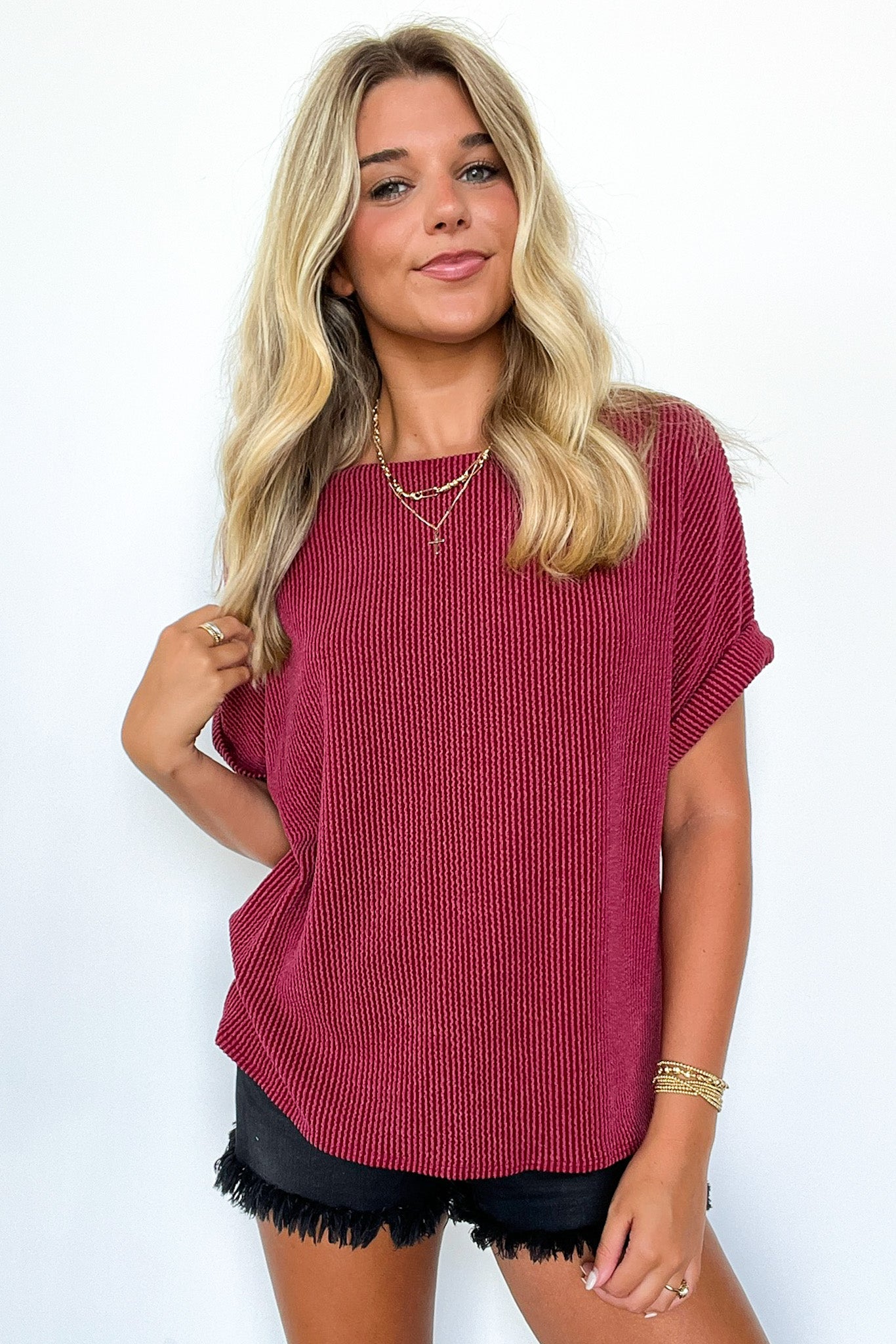  Chasing Sunsets Rib Knit Rolled Cuff Top - FINAL SALE - Madison and Mallory