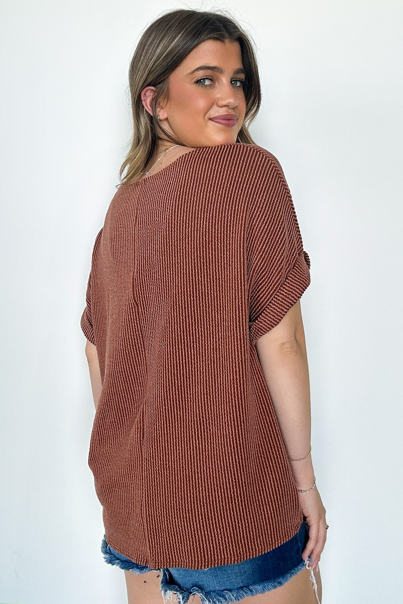  Chasing Sunsets Rib Knit Rolled Cuff Top - FINAL SALE - Madison and Mallory