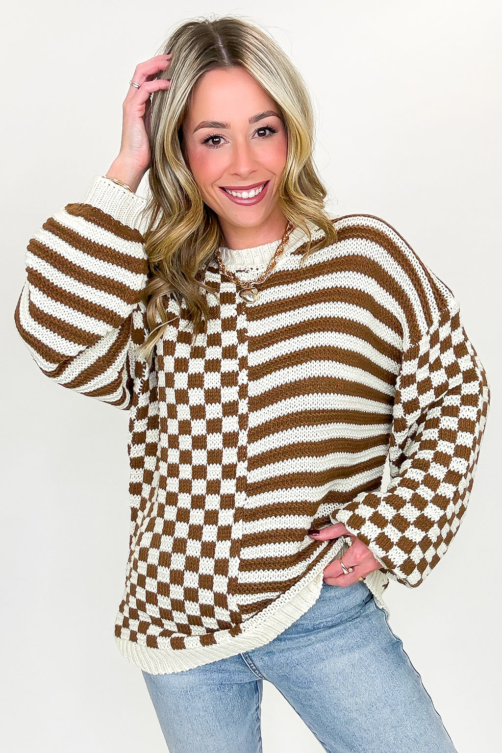 Check & Stripe Knit Sweater - FINAL SALE - Madison and Mallory