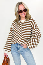 Mocha / S Check & Stripe Knit Sweater - FINAL SALE - Madison and Mallory