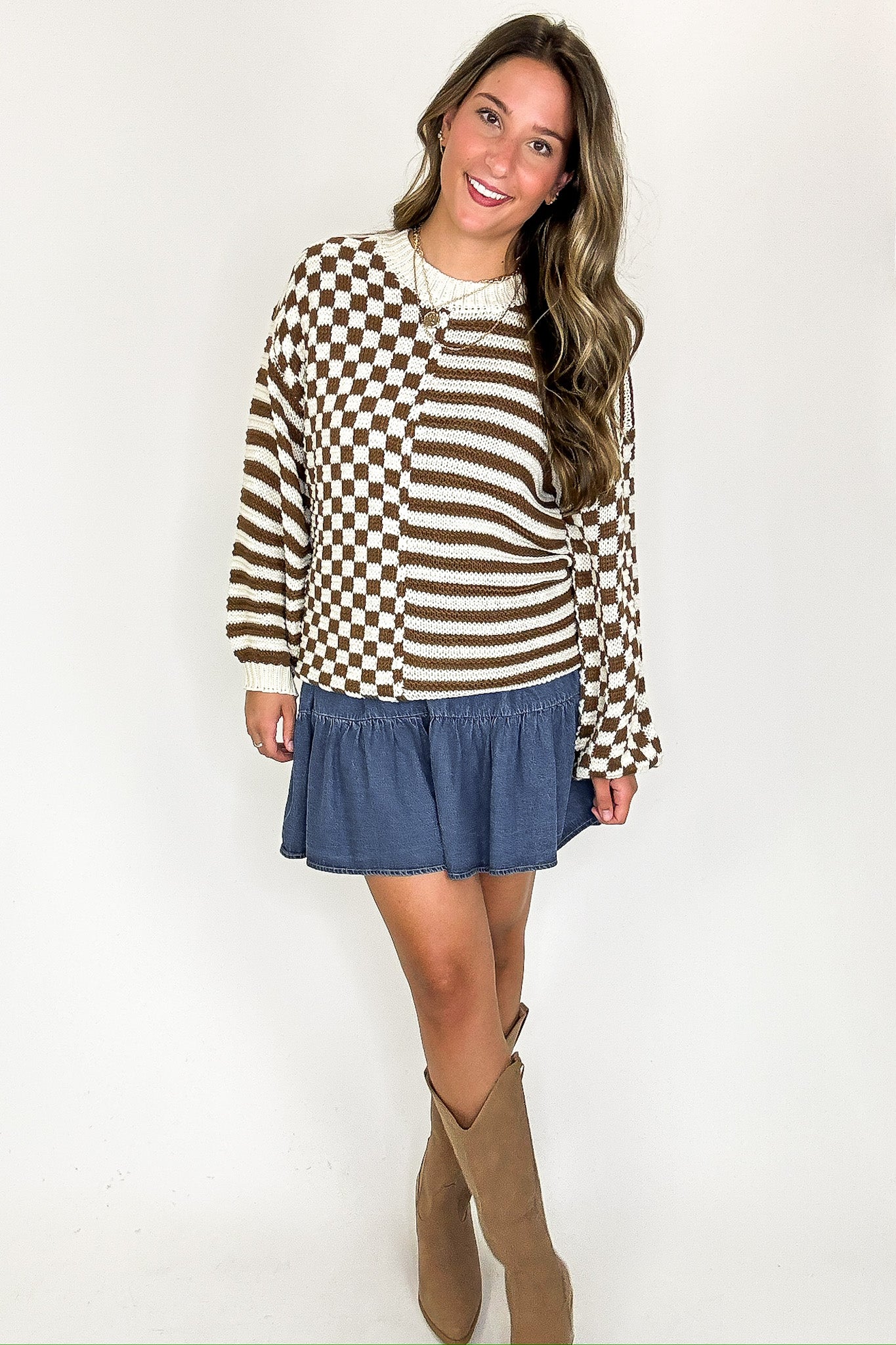 Check & Stripe Knit Sweater - Madison and Mallory