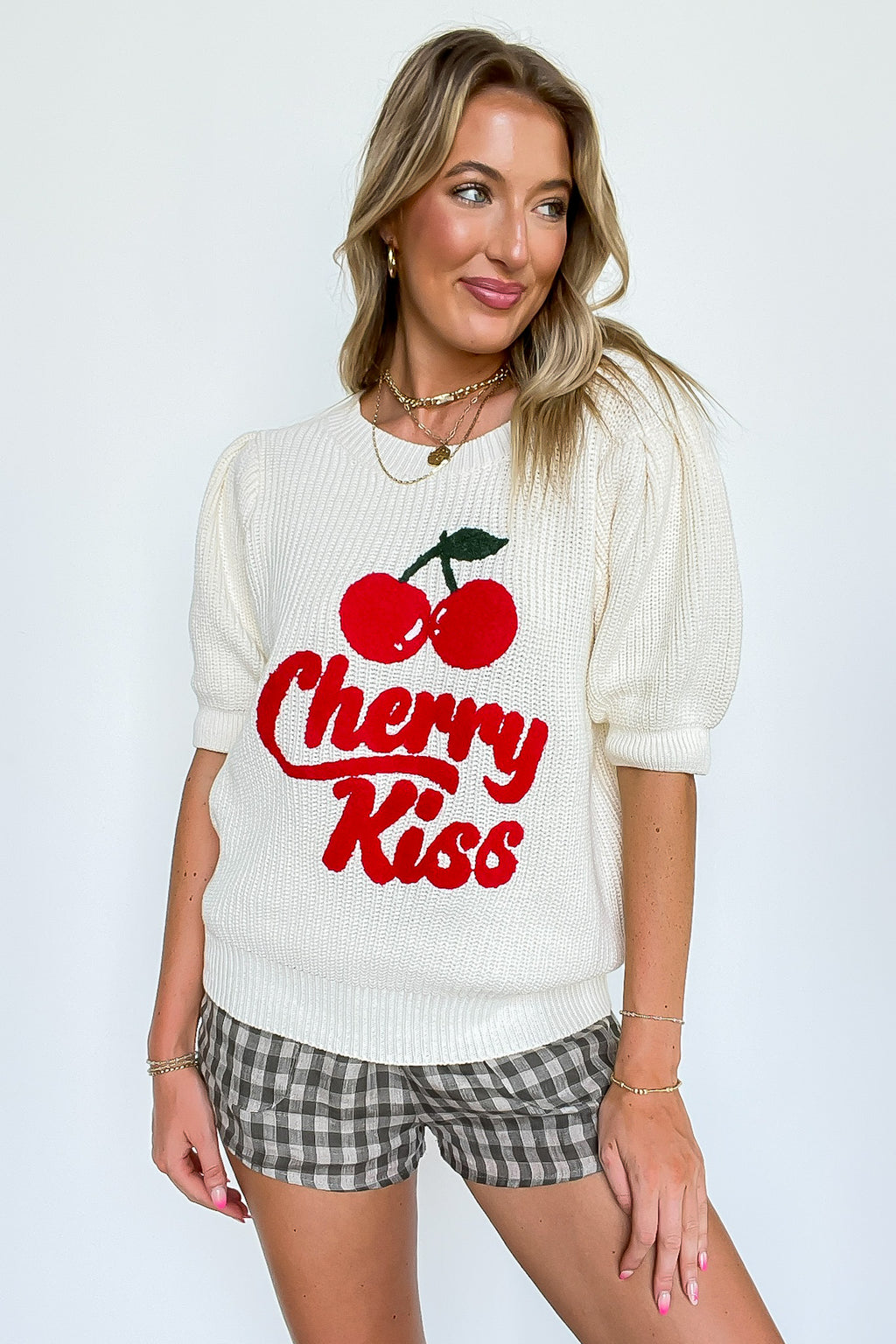 Cherry Kiss Graphic Knit Bubble Sleeve Sweater - Madison and Mallory
