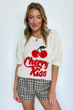 Cherry Kiss Graphic Knit Bubble Sleeve Sweater - Madison and Mallory