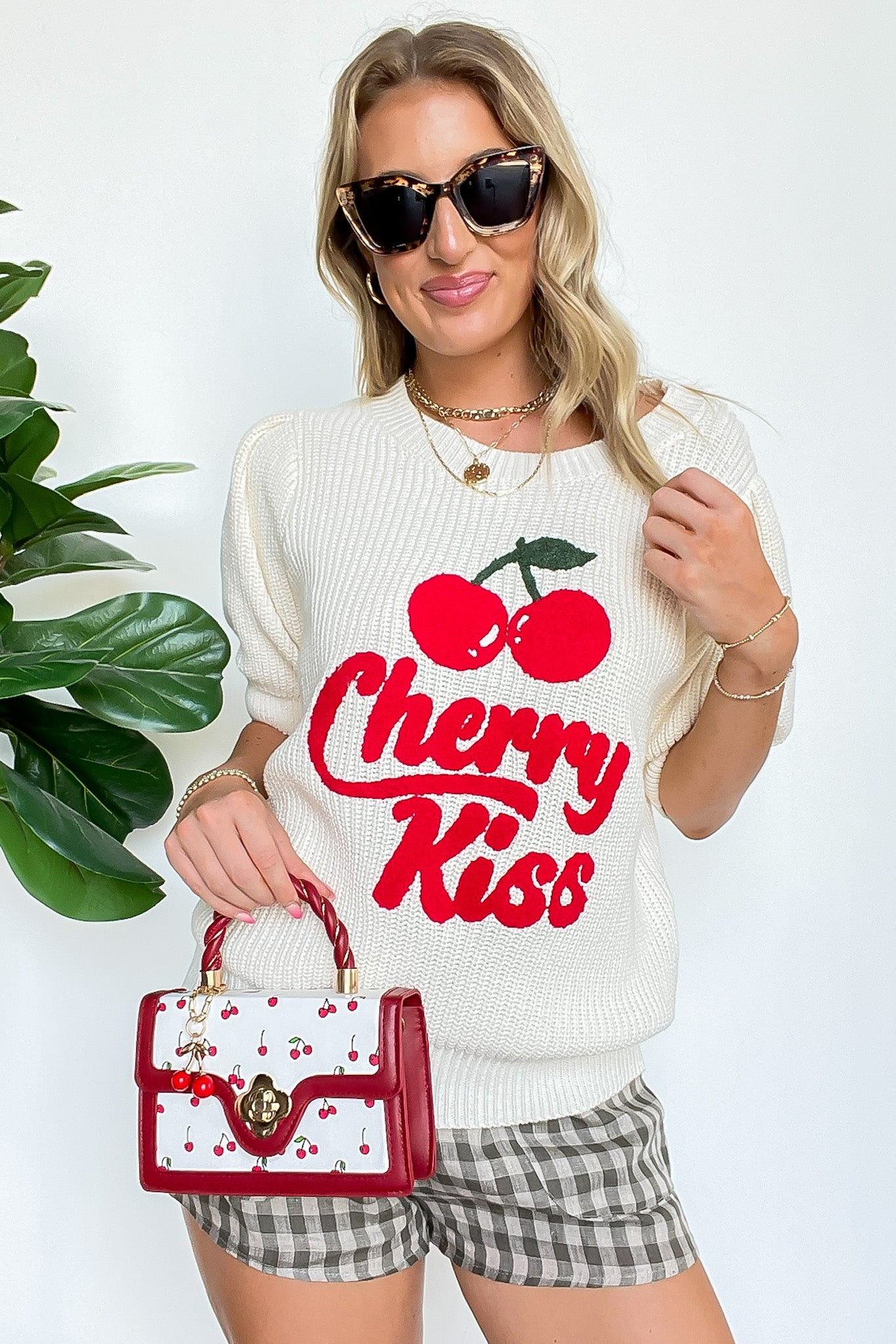 Cherry Kiss Graphic Knit Bubble Sleeve Sweater - Madison and Mallory