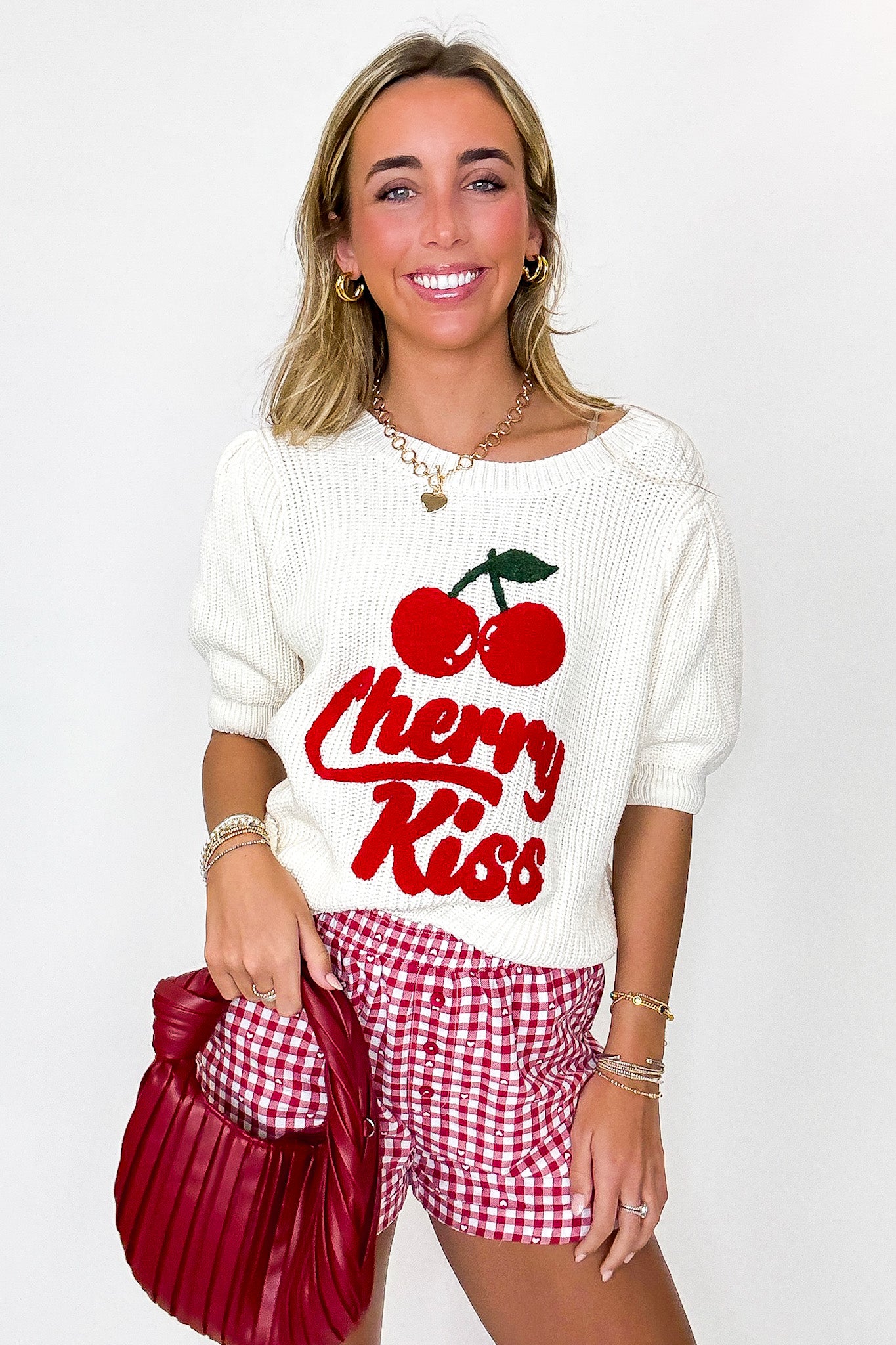Cherry Kiss Graphic Knit Bubble Sleeve Sweater - Madison and Mallory