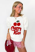 S / Ivory Cherry Kiss Graphic Knit Bubble Sleeve Sweater - Madison and Mallory