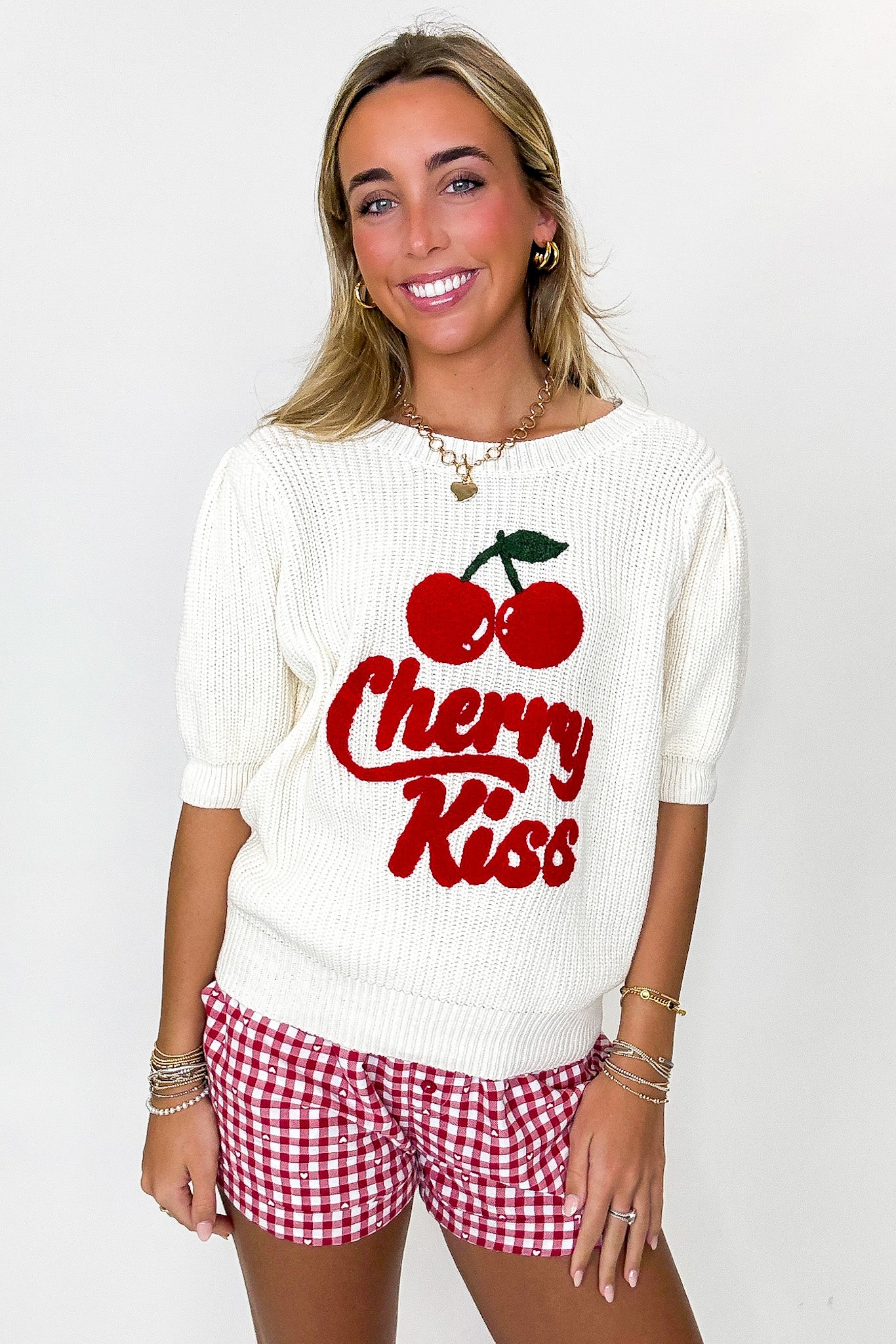 Cherry Kiss Graphic Knit Bubble Sleeve Sweater - Madison and Mallory