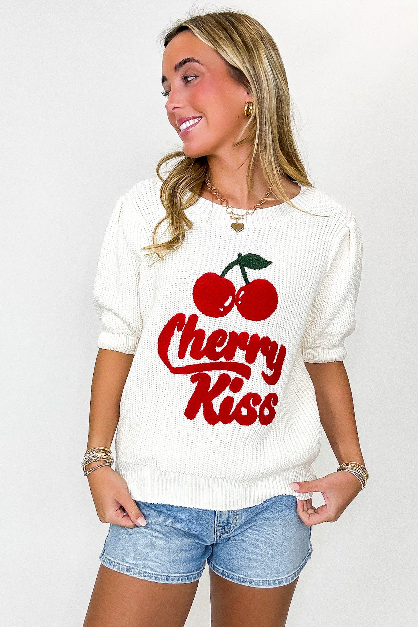 Cherry Kiss Graphic Knit Bubble Sleeve Sweater - Madison and Mallory