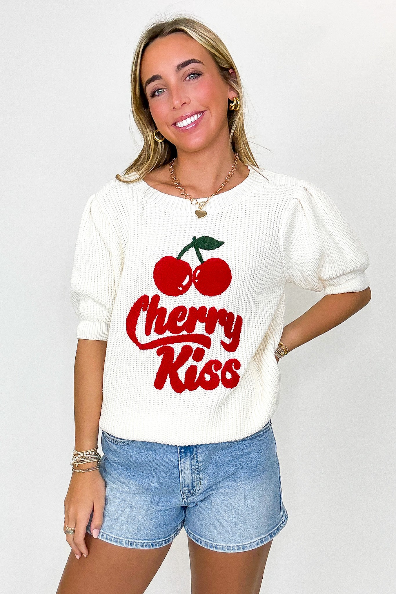 Cherry Kiss Graphic Knit Bubble Sleeve Sweater - Madison and Mallory