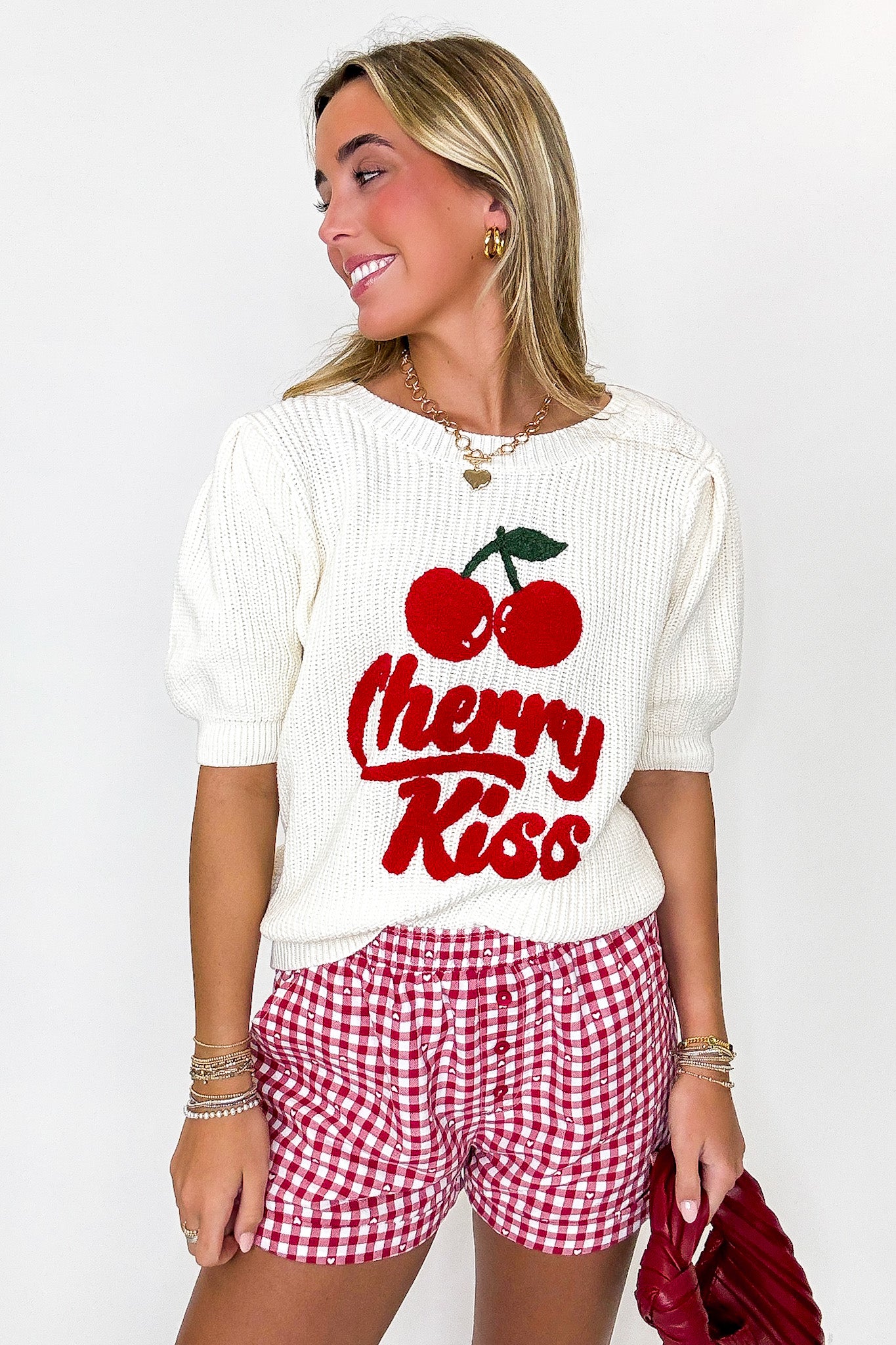 Cherry Kiss Graphic Knit Bubble Sleeve Sweater - Madison and Mallory