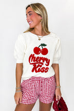 Cherry Kiss Graphic Knit Bubble Sleeve Sweater - Madison and Mallory