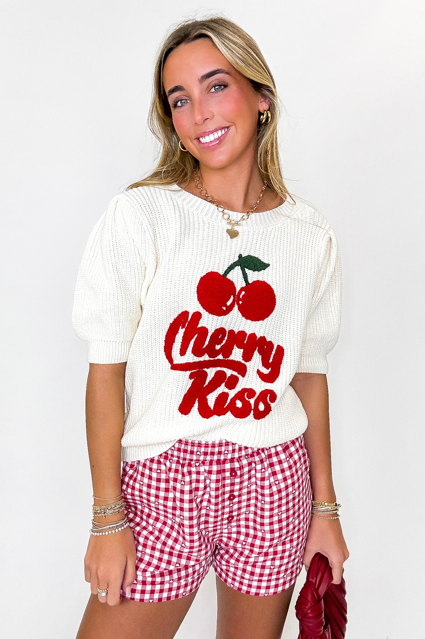 Cherry Kiss Graphic Knit Bubble Sleeve Sweater - Madison and Mallory