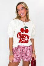 Cherry Kiss Graphic Knit Bubble Sleeve Sweater - Madison and Mallory