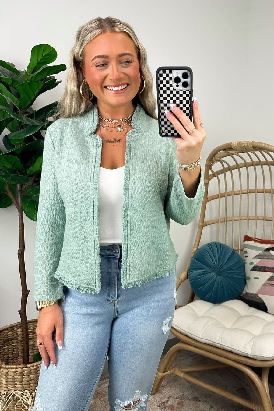 Mint / S Chic Status Fringed Boucle Terry Jacket - FINAL SALE - Madison and Mallory