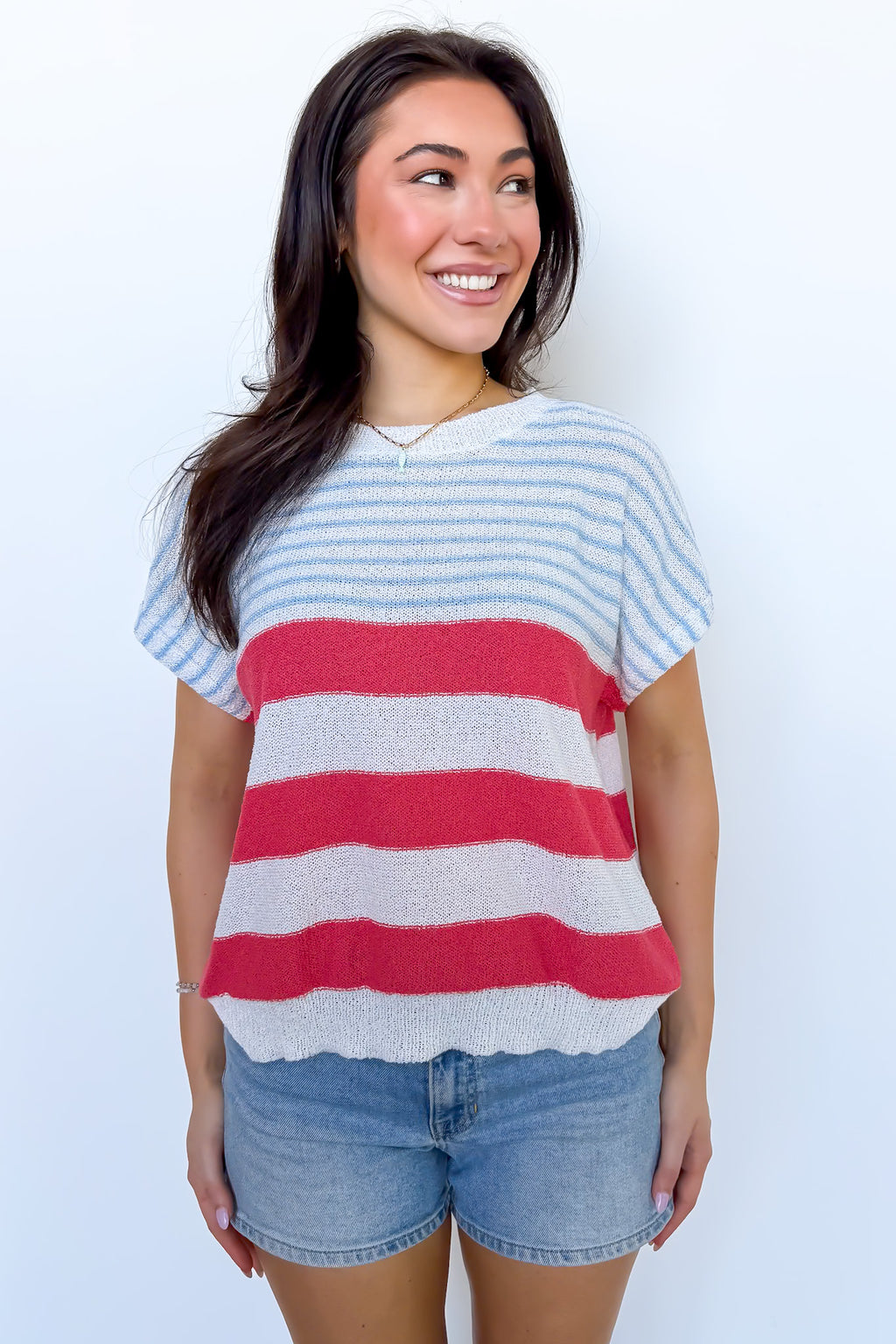 S / Cherry/Sky Chroma Thread Multicolor Striped Sweater Top - Madison and Mallory