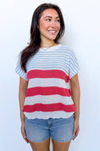 S / Cherry/Sky Chroma Thread Multicolor Striped Sweater Top - Madison and Mallory