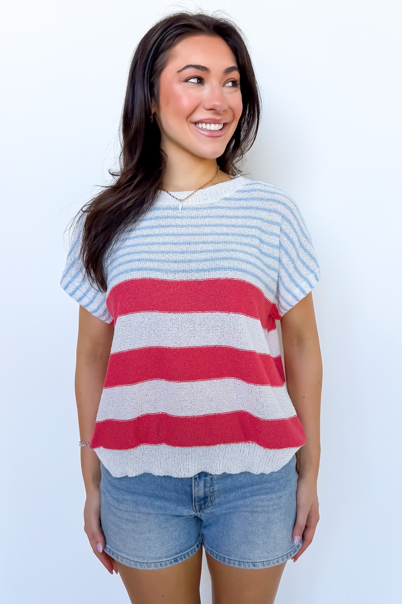 S / Cherry/Sky Chroma Thread Multicolor Striped Sweater Top - Madison and Mallory