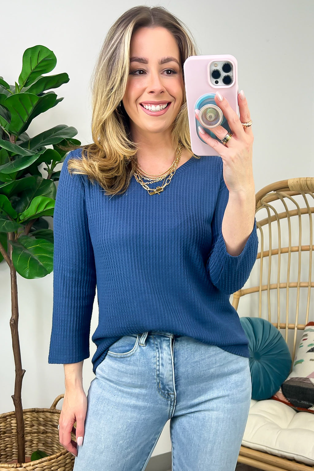 Warmest Wishes Waffle Knit V-Neck Top - FINAL SALE - Madison and Mallory