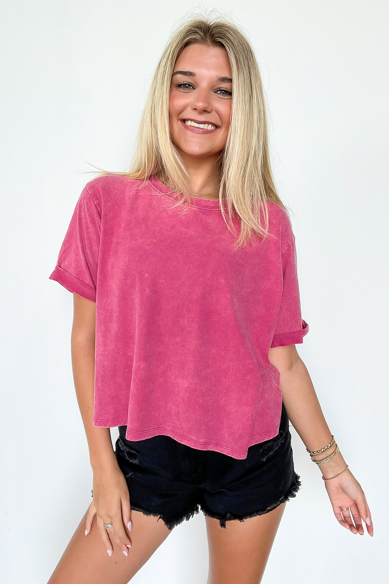  Clara Mineral Wash Roll-Cuff Sleeve Top - BACK IN STOCK - Madison and Mallory