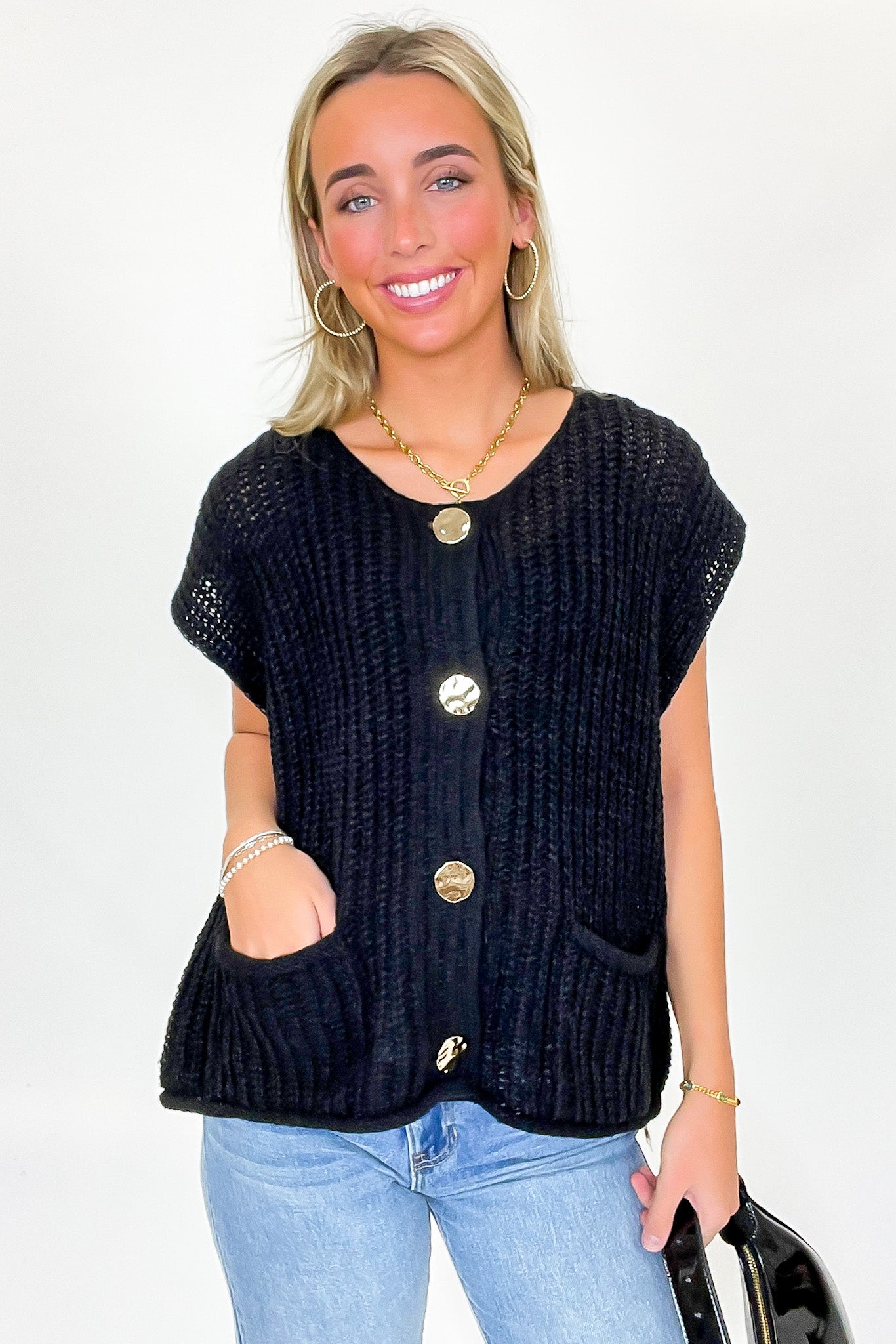 Black / S Classic Charm Button Down Sweater Vest - Madison and Mallory