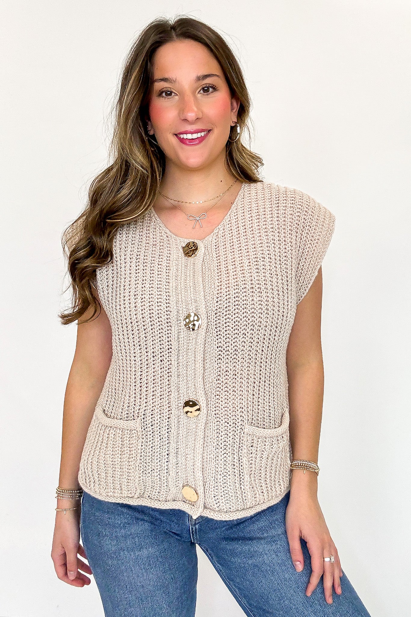 Sand Beige / S Classic Charm Button Down Sweater Vest - Madison and Mallory