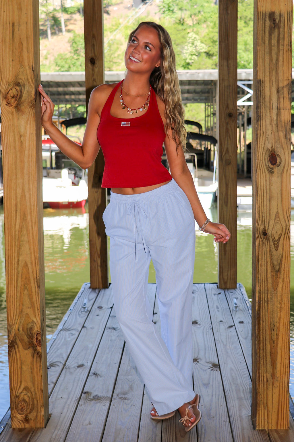 Classic Americana Flag Embroidered Halter Tank Top - Madison and Mallory
