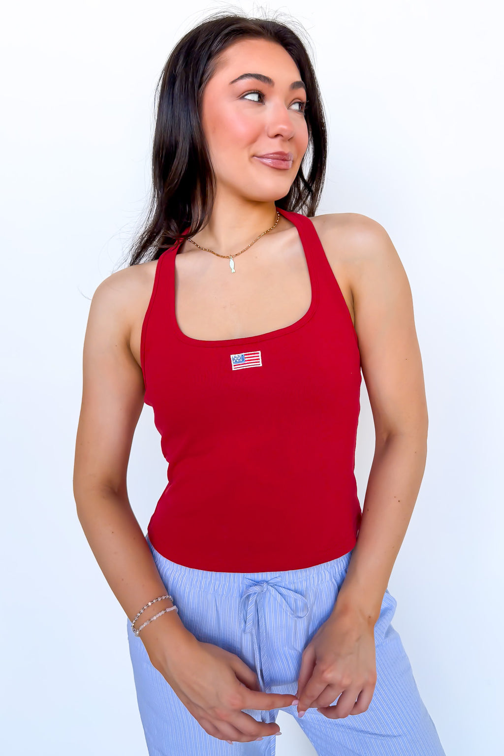 Classic Americana Flag Embroidered Halter Tank Top - Madison and Mallory