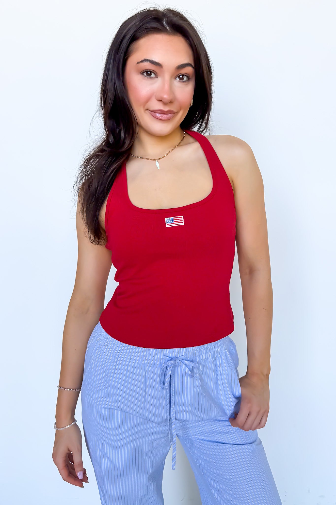 Classic Americana Flag Embroidered Halter Tank Top
