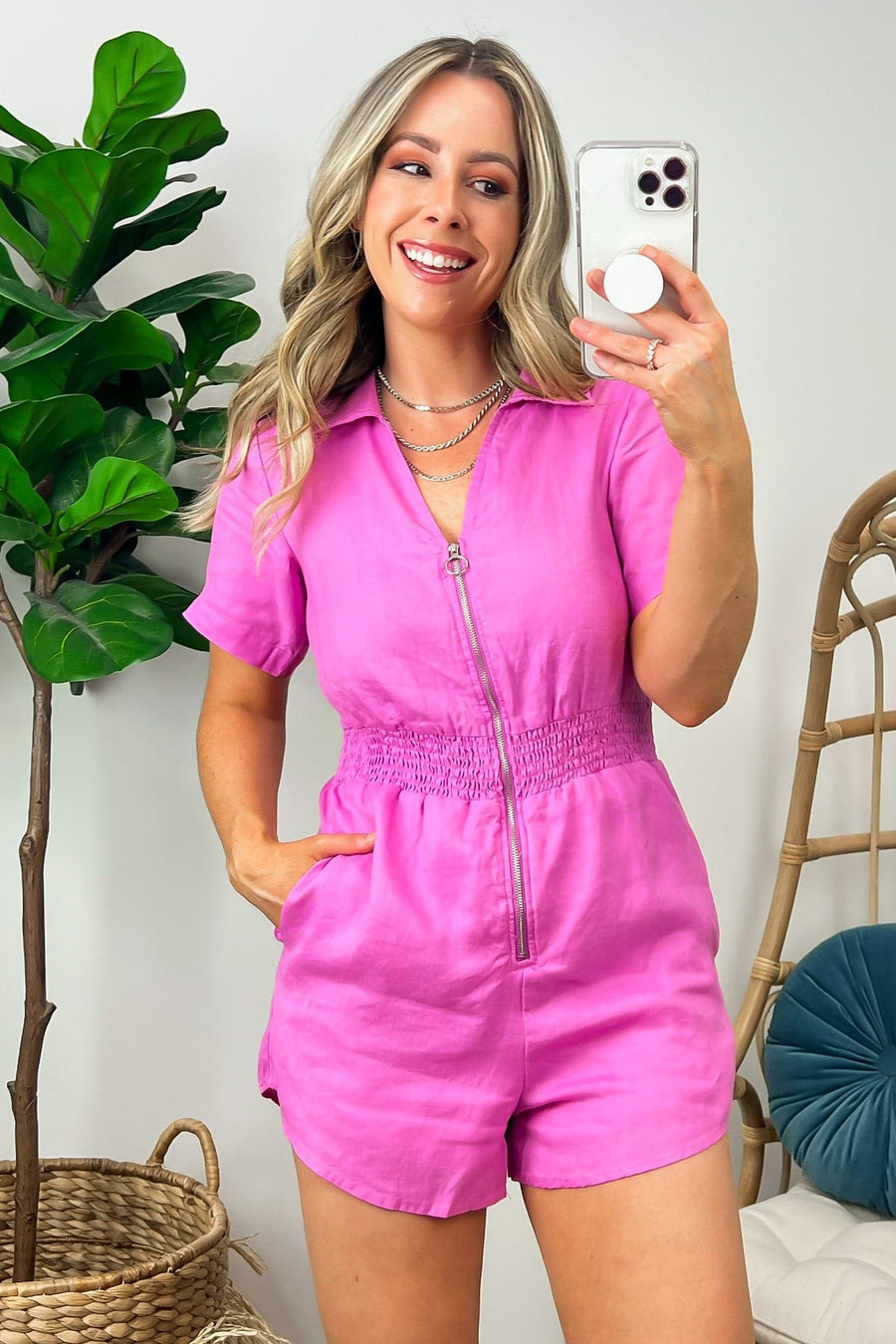 S / Pink Coda Short Sleeve Zip Up Romper - Madison and Mallory