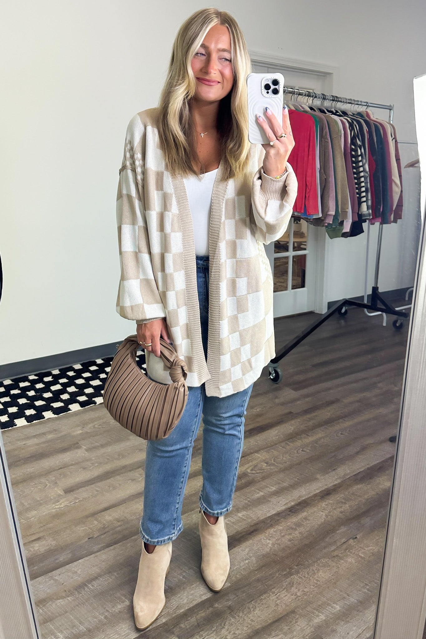 S / Latte Multi Coffeehouse Multi Check Cardigan - Madison and Mallory