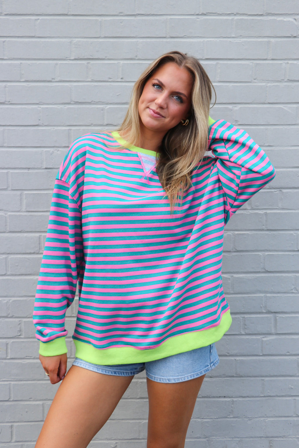 Pink/Turquoise / S Colorline Oversized Striped Top - Madison and Mallory
