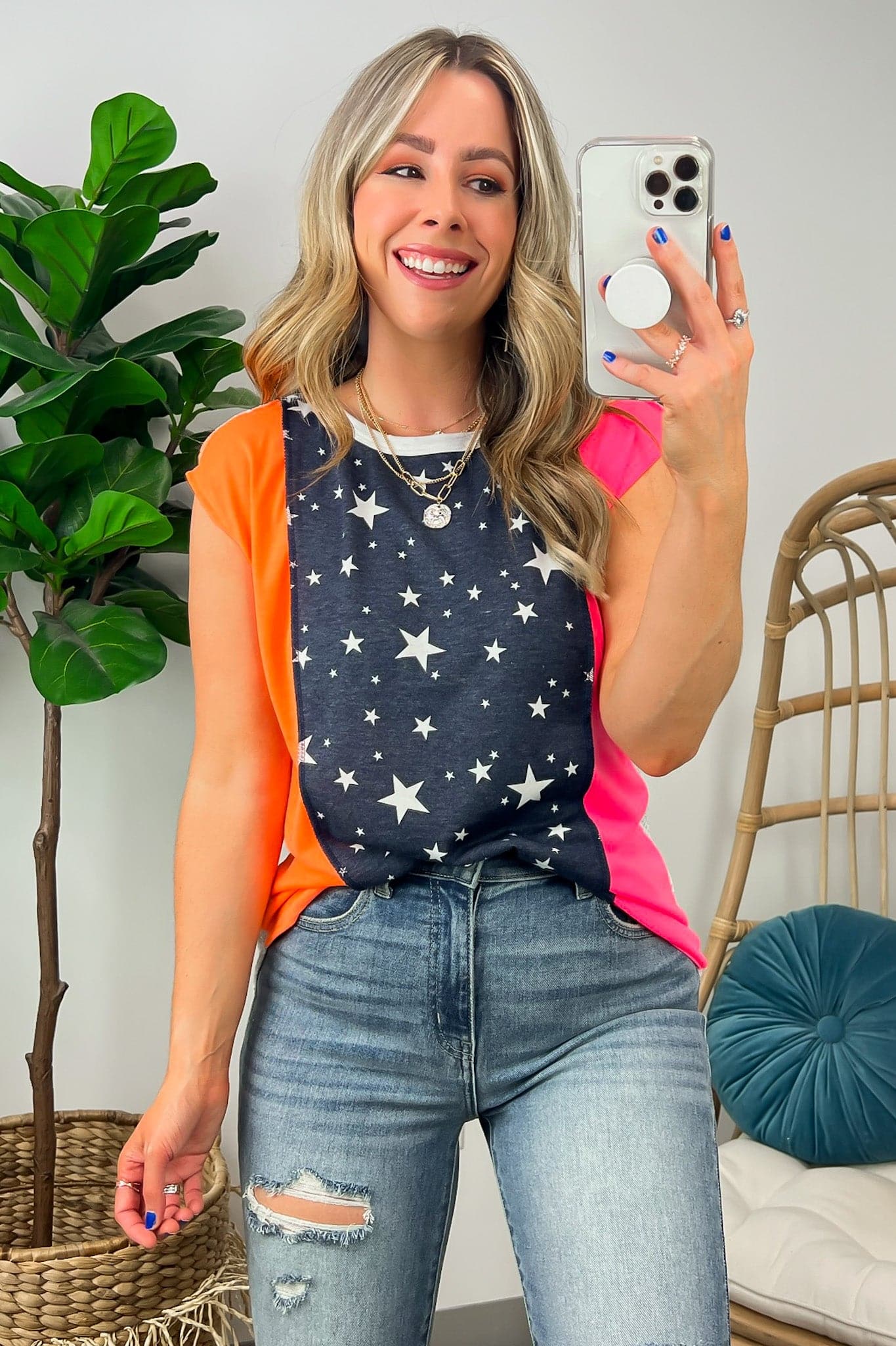 S / Neon Fuchsia Color the Stars Color Block Relaxed Top - Madison and Mallory