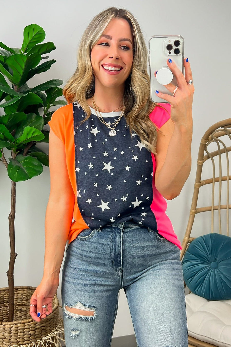 S / Neon Fuchsia Color the Stars Color Block Relaxed Top - FINAL SALE - Madison and Mallory