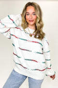 S / Ivory/Green Multi Colorweave Multi X-Stitch Stripe Detail Sweater - FINAL SALE - Madison and Mallory
