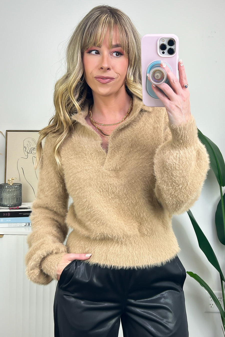 S / Brown Comfiest Trend Fuzzy Collared Sweater - Madison and Mallory
