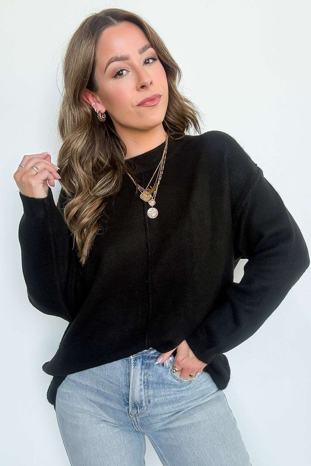 Black / SM Comfort Code Front Seam Round Neck Sweater - BACK IN STOCK - Madison and Mallory
