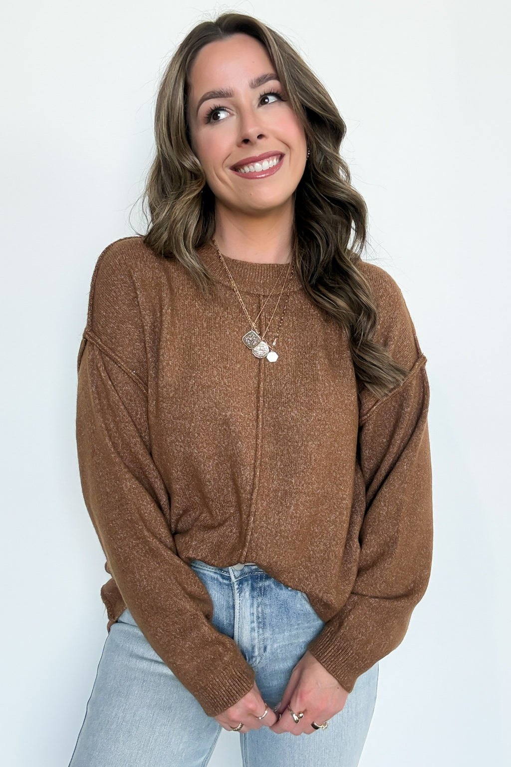 Heather Deep Camel / SM Comfort Code Front Seam Round Neck Sweater - Madison and Mallory