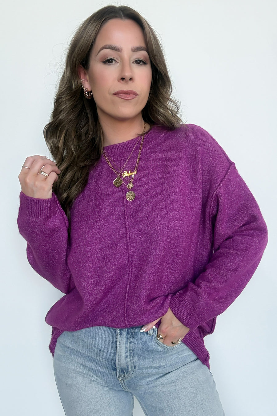 Heather Light Plum / SM Comfort Code Front Seam Round Neck Sweater - BACK IN STOCK - Madison and Mallory