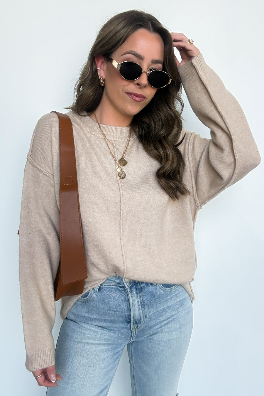 Heather Beige / SM Comfort Code Front Seam Round Neck Sweater - BACK IN STOCK - Madison and Mallory