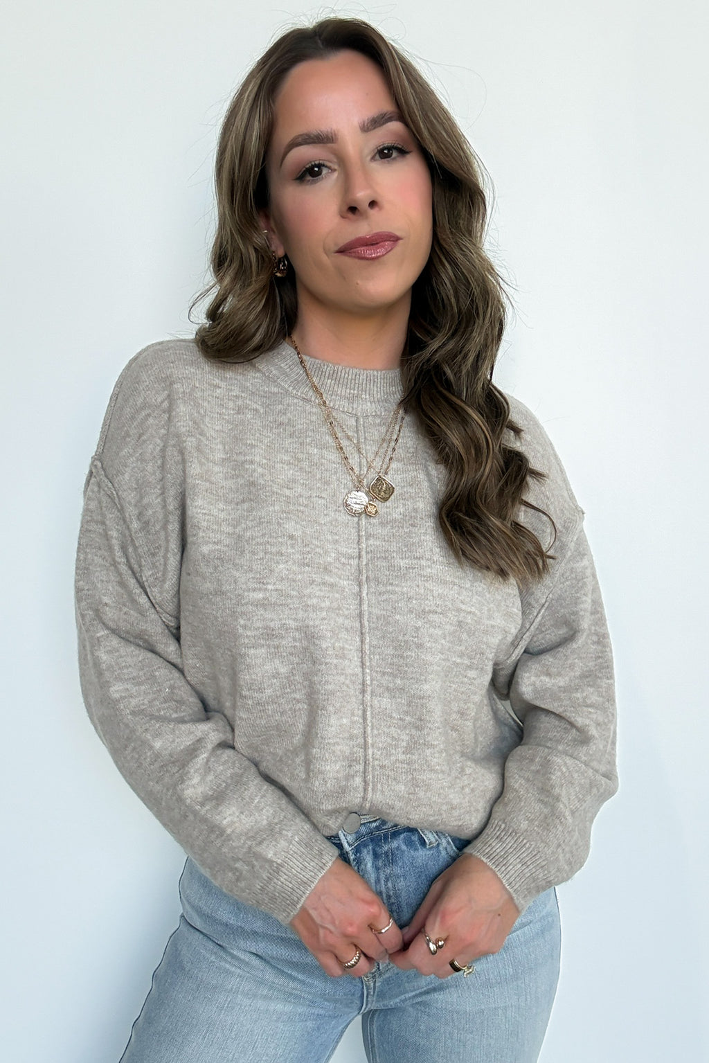 Heather Mocha / SM Comfort Code Front Seam Round Neck Sweater - Madison and Mallory