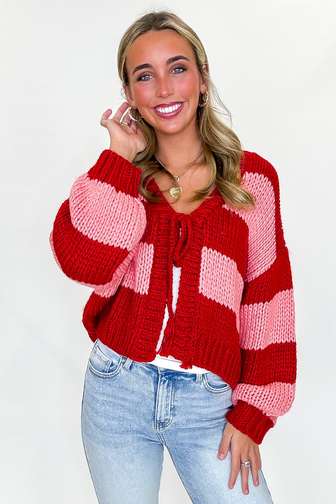S / Red Pink Comfort Crush Striped Knit Cardigan - Madison and Mallory