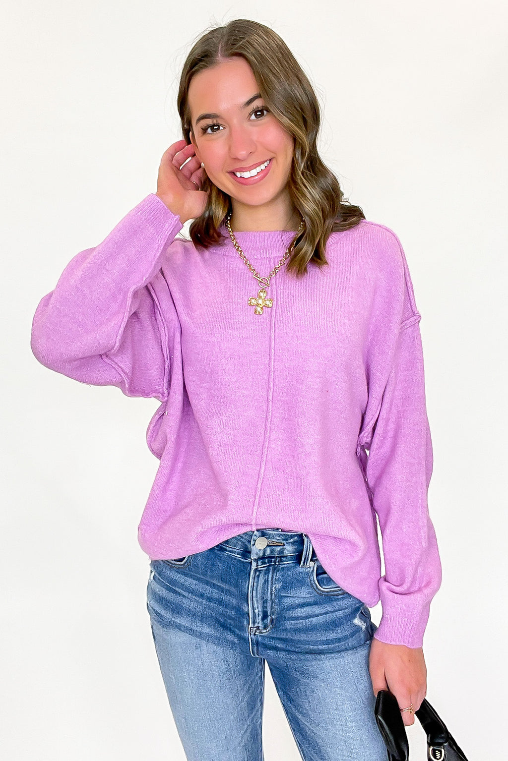 Heather Mauve / SM Comfort Code Front Seam Round Neck Sweater - Madison and Mallory