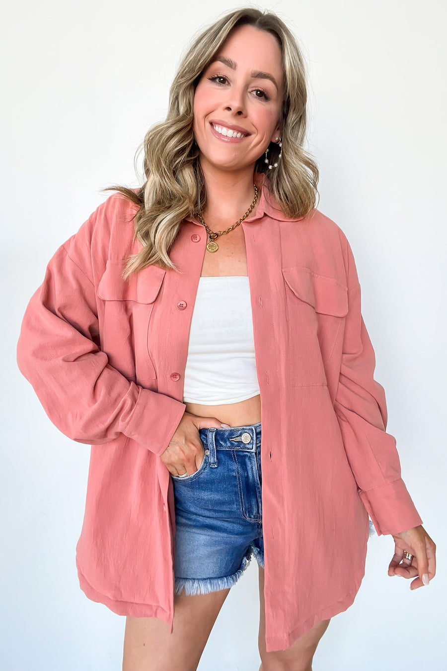 Rose / S Confident Persona Oversized Button Down Shacket - Madison and Mallory