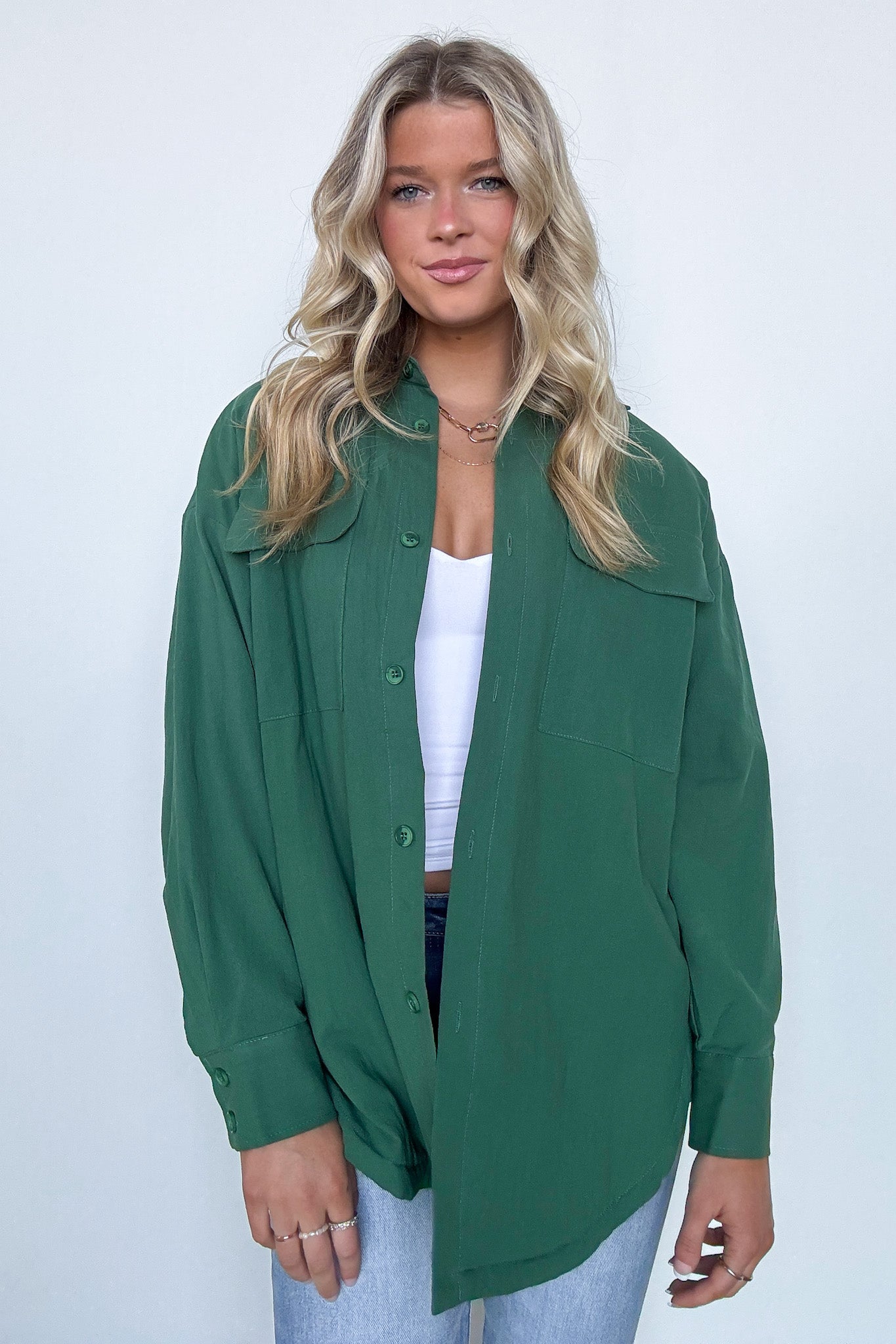 Pine / S Confident Persona Oversized Button Down Shacket - Madison and Mallory