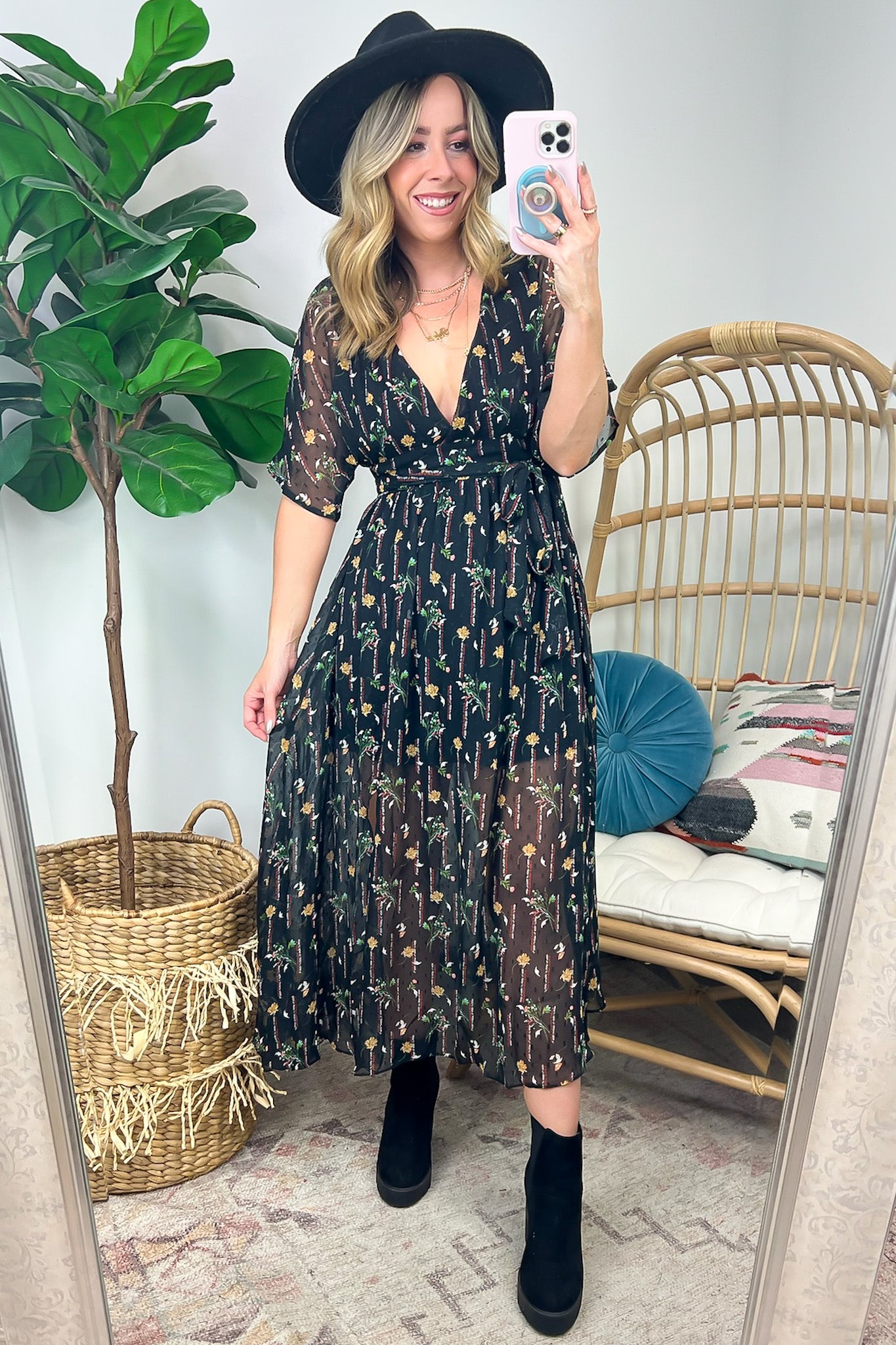 Black / S Confidently Sweet V-Neck Floral Midi Dress - Madison and Mallory