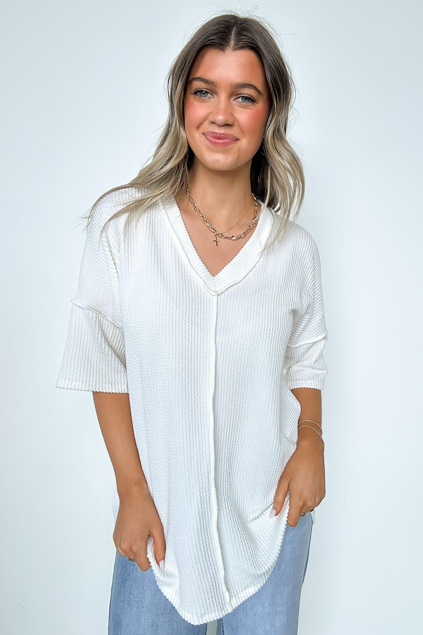 Ivory / S Conner Rib Knit Raw Edge Top - FINAL SALE - Madison and Mallory