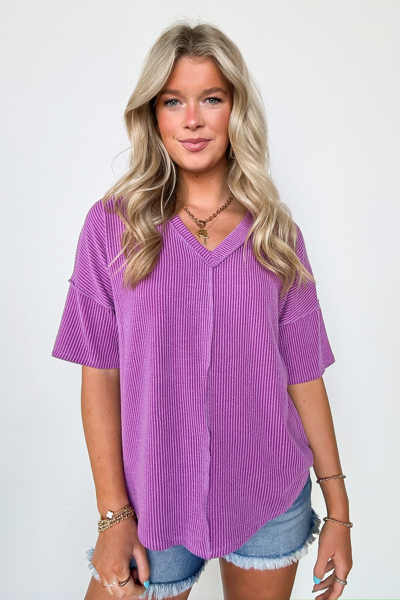 Purple / S Conner Rib Knit Raw Edge Top - FINAL SALE - Madison and Mallory