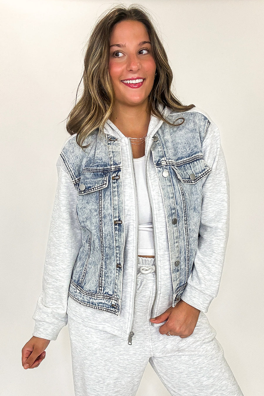 S / Heather Gray/Denim Contrast Core Denim Jacket - Madison and Mallory