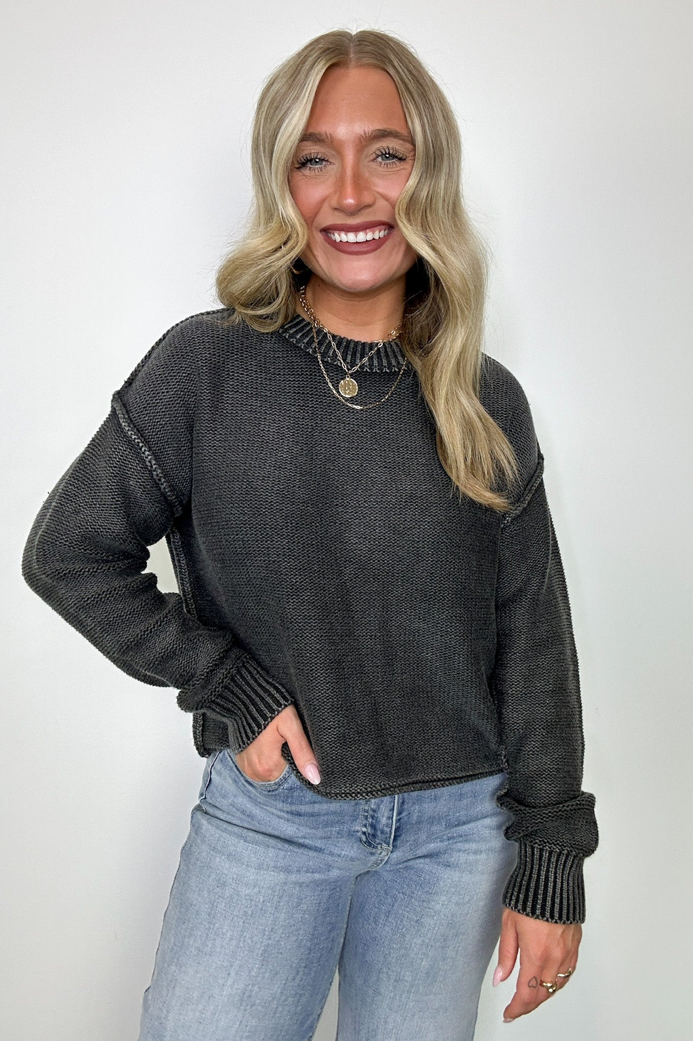  Cool Nights Acid Wash Exposed Seam Sweater - Madison and Mallory