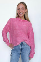 Fuchsia / S Cool Nights Acid Wash Exposed Seam Sweater - FINAL SALE - Madison and Mallory